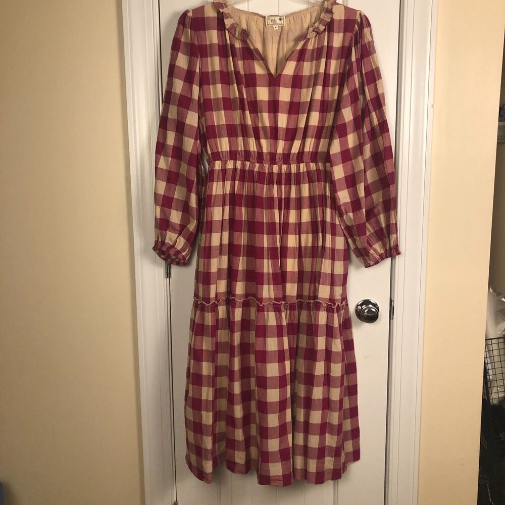 Mille Anthropologie Dress 100% Cotton Medium Gingham Tiered Boho Cottage Prairie
